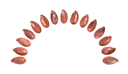 Close up of linseed or flax seed arranged in a half circle pointing up and isolated on white background