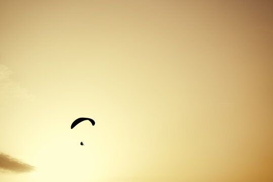 Paraplane on the sunset sky background, leisure activity.