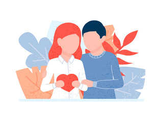 Couple in love concept. Man hugs a woman. Girl holding heart. Romantic valentine's day  family