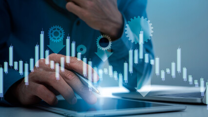 Business man trader with falls chart with stock market chart board going down, global economic crisis concept.