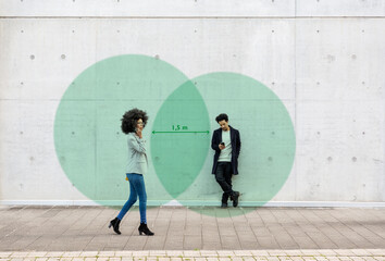 Two overlapping circles visualizing social distancing covering man and woman using smart phones outdoors