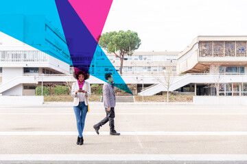 Graphic visualization of facial recognition effects covering man and woman using smart phones outdoors