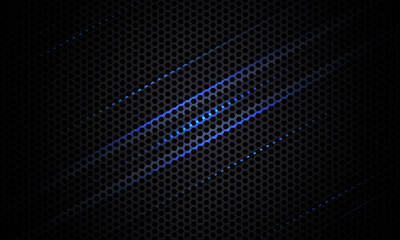 Black background. Dark carbon fiber texture with blue and gray lines. Black metal texture steel background. Web design template vector illustration EPS 10.