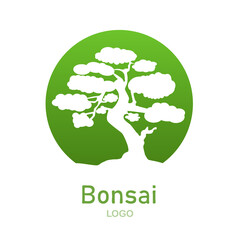 Japanese bonsai tree. Green round logo, tree icon. Bonsai silhouette vector illustration on isolated white background. Ecology, nature, bio concept. Design template. Text can be replaced