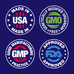 Four product badges, made in USA, GMO free, Good manufacturing practice, approved