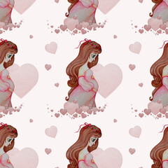 Seamless patterns. Cute pregnant girl with a wreath of flowers with long hair in a pink dress on a white background with a pattern of delicate pink hearts. Watercolor. For wallpaper, textiles, decor 