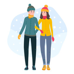 Young couple walking holding hands. Man and woman wearing winter clothes, spend time together