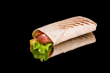 big-heads, Wheat Tortilla, sausage mix, French fries, big-head's onions, pickled cucumber, sauce garlic, ketchup