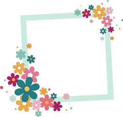   Mint colored frame with flowers on white background with space for text. Concept of holiday greetings , invitations.