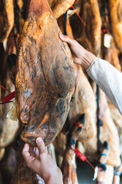 Man examining ham meat hung in slaughterhouse