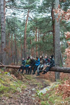 Group of hikers sitting together on fallen tree in autumn forest