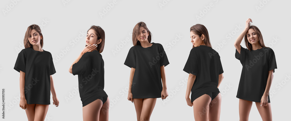 Wall mural Black t-shirt mockup on sexy girl isolated on background. Set - Wall murals