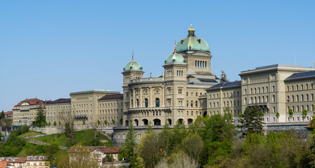 Fototapeta na wymiar a view of the Swiss capitol building or Bundeshaus in Bern