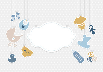 Karte Hängende Wolke Und Babysymbole Junge Retroblau Senfgelb Sterne Grau