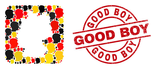 Germany map collage in Germany flag official colors - red, yellow, black, and grunge Good Boy red round stamp print. Good Boy stamp uses vector lines and arcs.