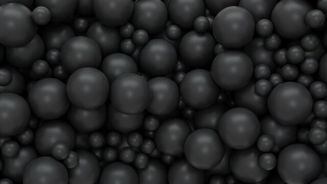 Black Balls Falling from all sides, Transition with alpha channel. Glossy Spheres Filling Empty Space and fly away in different directions, 3D rendering.