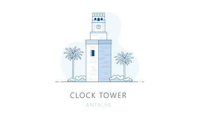 Fototapeta premium Clock tower, Antalya, Turkey. The famous landmark of Antalya, tourists attraction place, skyline vector illustration, line graphics for web pages, mobile apps and polygraphy.