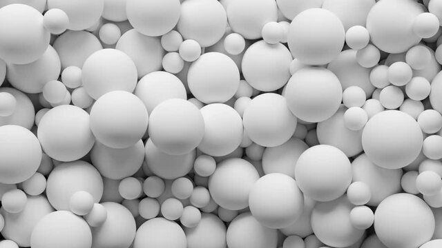 White Balls Falling from all sides, Transition with alpha channel. Spheres Filling Empty Space and fly away in different directions, 3D rendering.