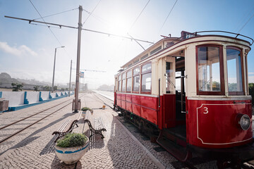 Old retro tram train. Attraction in Sintra, Portugal.