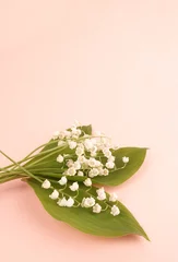 Stof per meter Lily of the valley Convallaria majalis bouquet May spring flower on pink background © Uros Petrovic