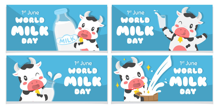 Cute cow World Milk Day banner vector set