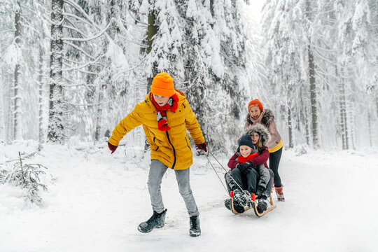 Family playing while sledding on snow in forest