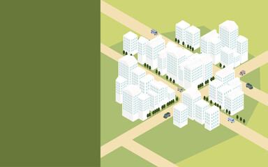 都市開発のイメージ、俯瞰したビル街のアイソメトリックイラスト