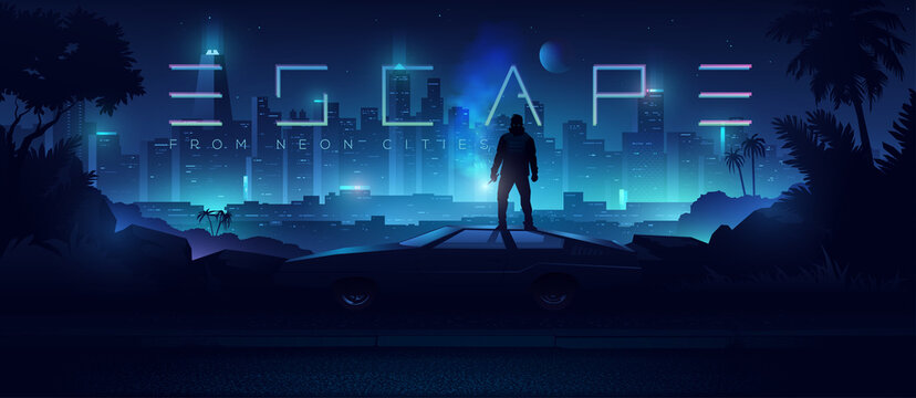 Futuristic cyberpunk illustration. Neon city background. Сar on the background of the shining metropolis