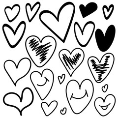 Doodle hearts black drawing. Hand drawn grunge elements.