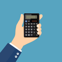 Hand holds calculator flat illustration