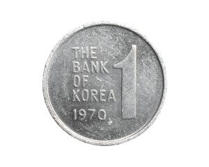 South Korea One Won coin on a white isolated background