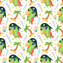 Cute cartoon pirates animals seamless pattern. Parrot pirate pattern