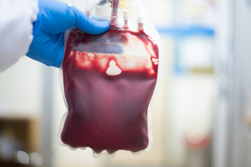 Blood bag in blood bank laboratory.