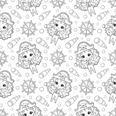 Cute cartoon doodle pirates girls seamless pattern. Pirates Coloring Page