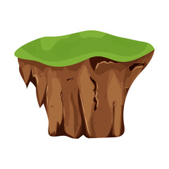  Flying Island with ground and grass isolated on white background, detailed in cartoon style. Ui game assets, background for location, element. Fantasy piece of earth.