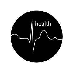 Health symbol with a cardiogram. Black and white logo. Round illustration