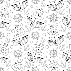 Cute cartoon pirates seamless pattern. Doodle pirate ship pattern. Pirate ship coloring page