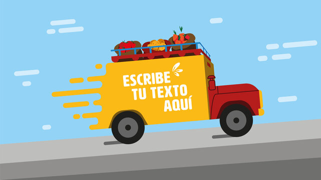Vector Chiva Colombia. Vehículo transportando vegetales.  Dibujo de camión amarillo y rojo en carretera.