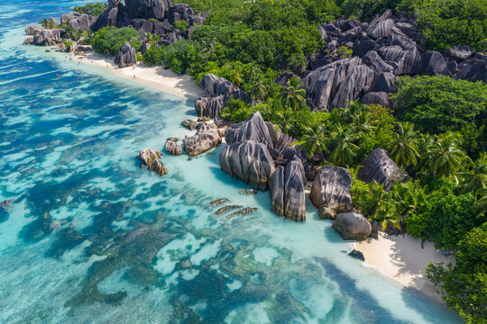Drone view of Anse Source DArgent beach in summer