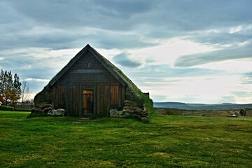 Iceland-view of wooden chapel in Skálholt near Laugarás