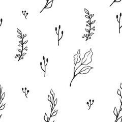 Floral doodle elements seamless texture. Hand drawn decorative leaves and wreaths texture background. Tree branches with leaf illustrations.