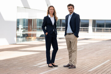 Confident business people standing with hands in pockets at office building terrace