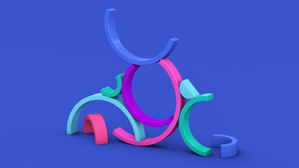 Colorful half circle shapes. Blue background. Abstract illustration, 3d render.