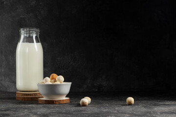 Central asian traditional cheese kurut in a white plate with a milkman with a bottle of milk on wooden coasters on a dark background