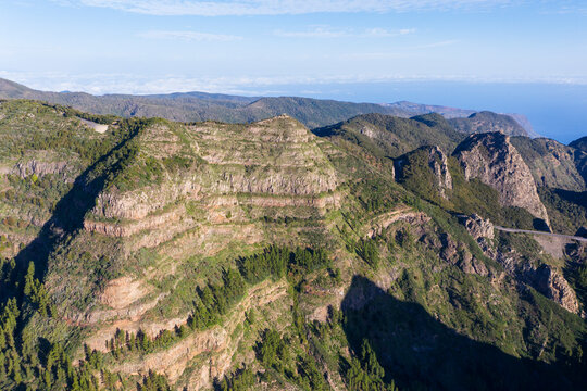 Drone view of mountain range in Garajonay National Park