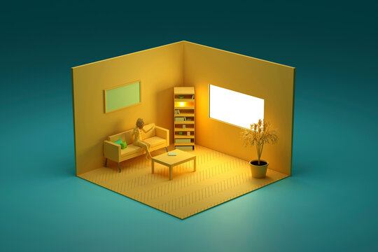 Three dimensional render of corner of yellow colored living room with young woman sitting on sofa