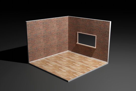 Three dimensional render of corner of empty room with brick walls and wooden floor