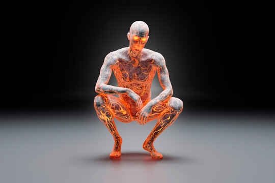 3D illustration of crouching character made out of concrete and flowing fire energy