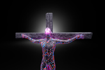3D illustration of character symbolizing crucified Jesus made of energy and concrete