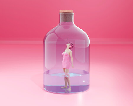 Three dimensional render of young woman trapped in large bottle